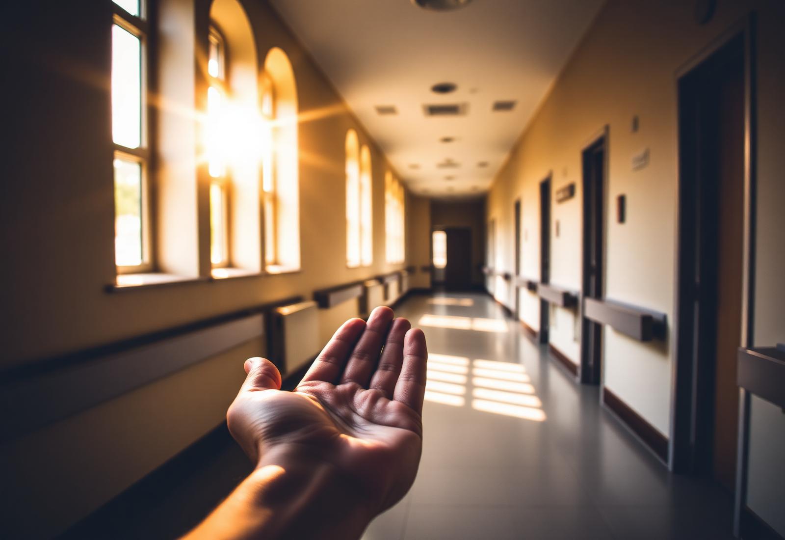 Hands offered in a sunlit hospital corridor